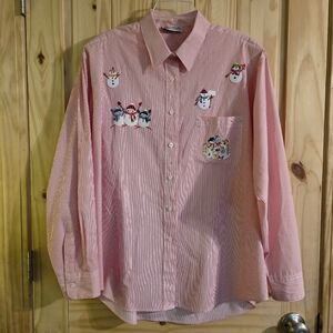 Get LUCKY Pin Striped Snowman Embroidered Patches Studded Collared Button Down